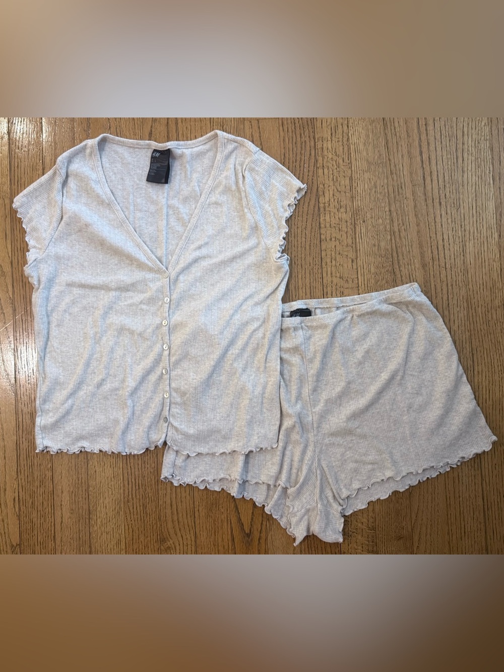H&M Pointelle Shorts Pajama Set Size L Oatmeal Tan Button Front